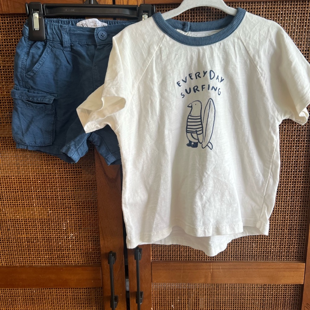 Zara Everyday Surfing Tee and Shorts Set - White & Blue